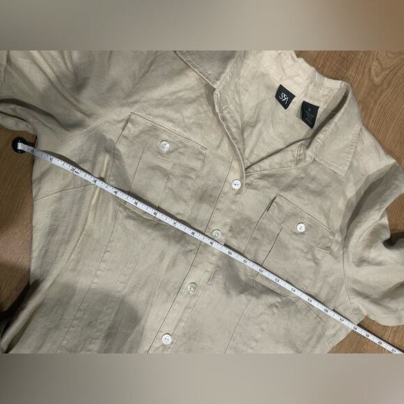 Saks Fifth Avenue Women's Linen Button Down Khaki Tan Tie Button Down Dress- 6 - Picture 5 of 9